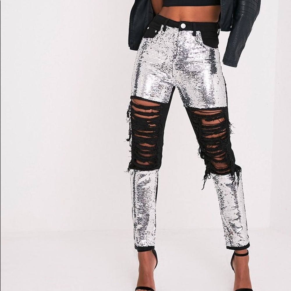 Black Sequin Distressed Mom Jeans